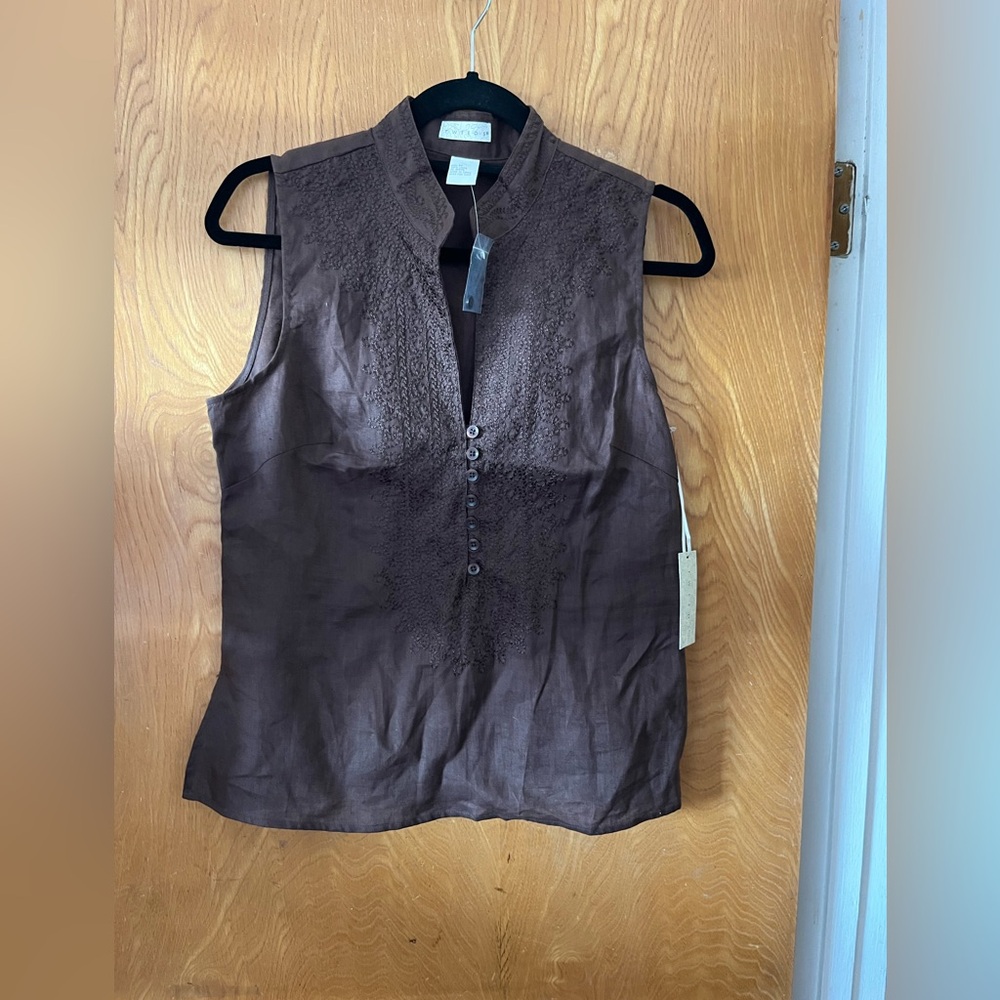 Tweeds Brown Button Down sleeveless Blouse with Mandarin Collar M